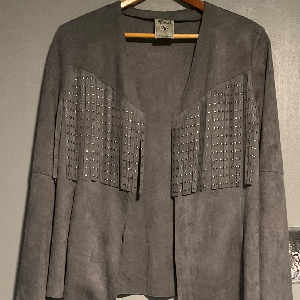 Grey suede fringe jacket